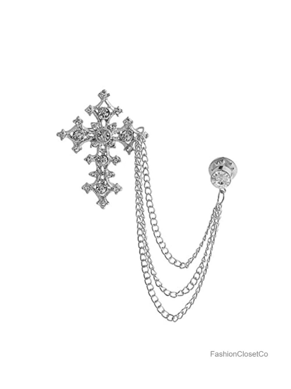Vintage Cross Tassel Chain Brooch Crystal Rhinestone Lapel Pin Suit Coat